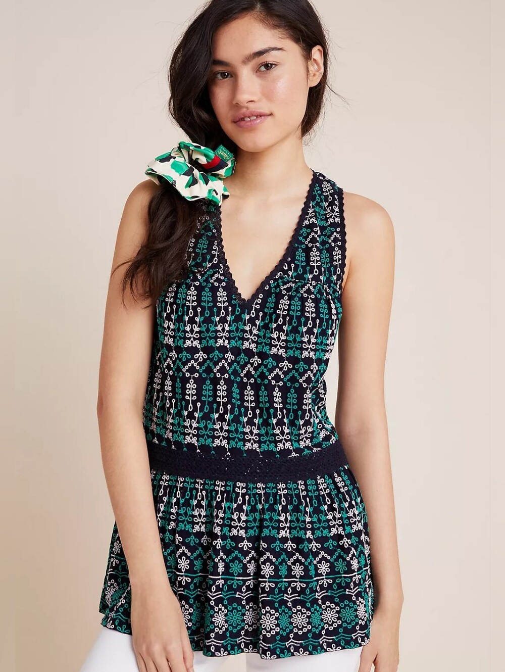 Anthropologie Maeve Cammie Peplum Top Women XS Green Good Embroidered V-Neck